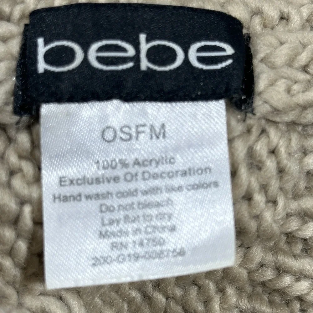 Bebe Tan Beige Cable Knit Scarf and Pom Beanie Hat Set OSFM Fringe‎ Logo